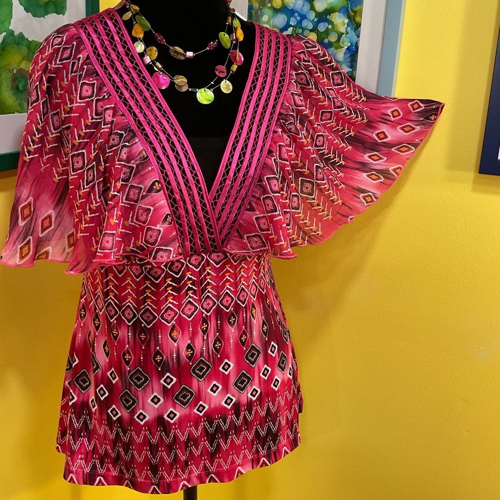 Notations Multicolor Geometric Print Flutter Sleeved Blouse Size Small - Picture 5 of 13
